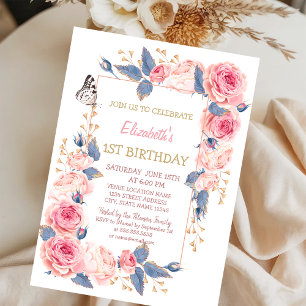 Rosen Blumen Schmetterling Gestreift Geburtstag  Einladung