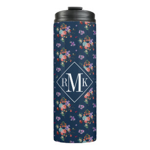 Rosen-Blumenstrauß-Blumenmuster des Monogramm-  Thermosbecher