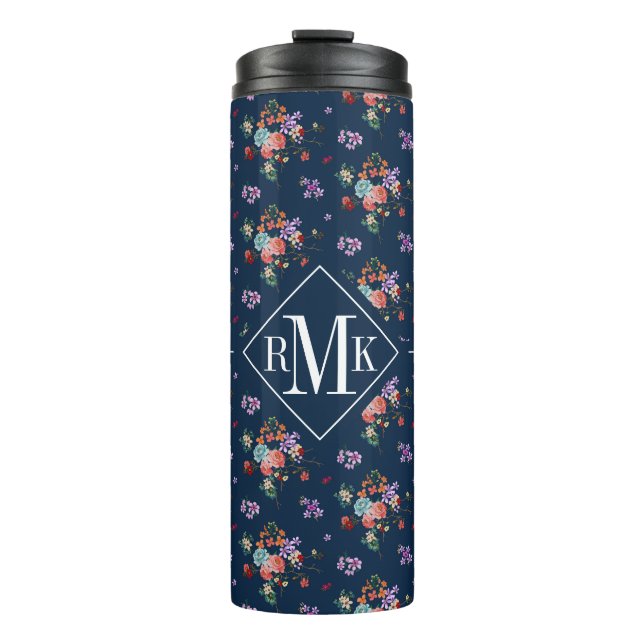 Rosen-Blumenstrauß-Blumenmuster des Monogramm-| Thermosbecher (Vorderseite)