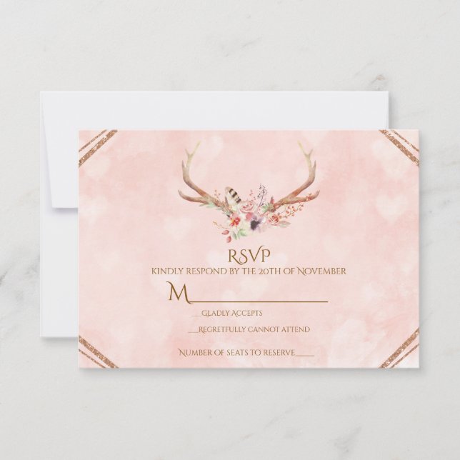 Rosen Blush Pink Blumentauber Antlers Boho UAWG RSVP Karte (Vorderseite)