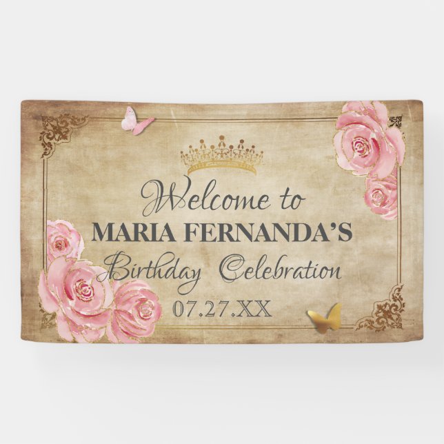 Rosen Blush Pink Butterfly Crown Gold Quinceanera Banner (Horizontal)