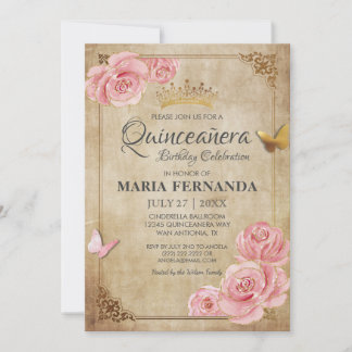 Rosen Blush Pink Butterfly Crown Gold Quinceanera Einladung