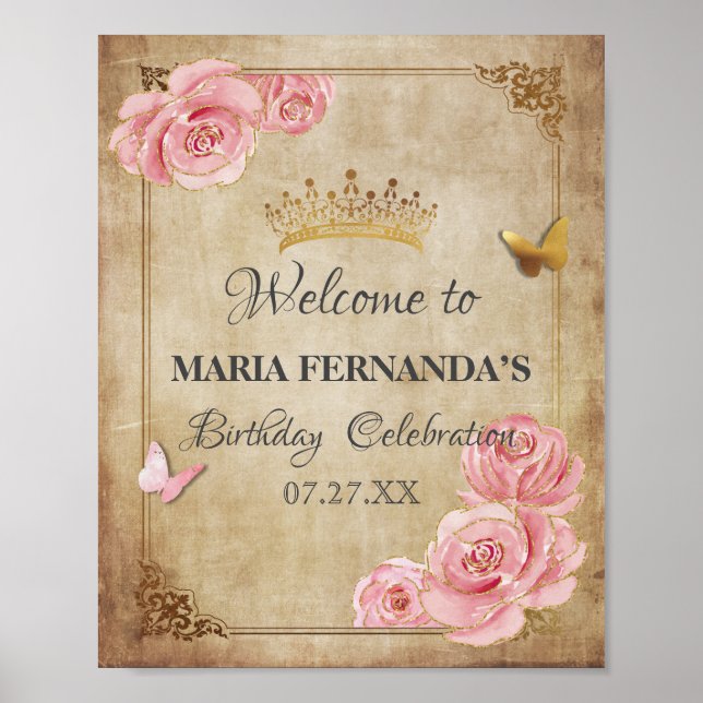 Rosen Blush Pink Butterfly Crown Gold Quinceanera Poster (Vorne)