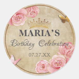 Rosen Blush Pink Butterfly Crown Gold Quinceanera Runder Aufkleber