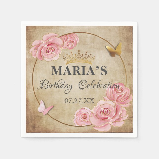 Rosen Blush Pink Butterfly Crown Gold Quinceanera Serviette (Vorderseite)