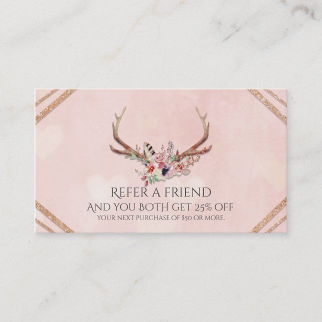 Rosen Blush Pink Floral Antlers Glam Weiterempfehl Empfehlungskarte (Vorderseite)