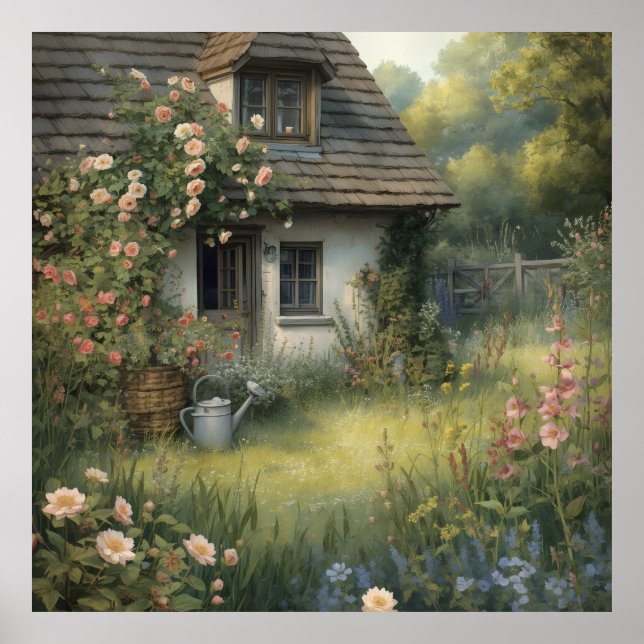 Rosen Cottage Garten Malerei Poster (Vorne)