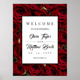 Rosen Dunkelgold Burgund Willkommens Hochzeitsschi Poster