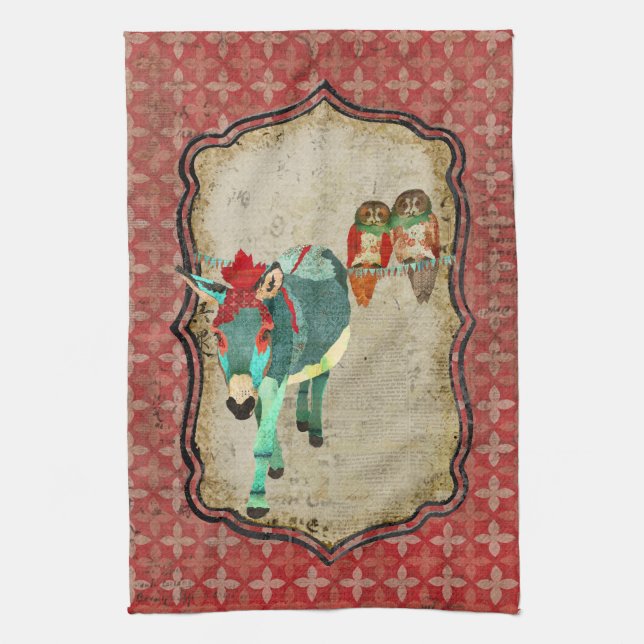 Rosen-Eulen u. karminrotes Esel-Tuch Handtuch (Vertikal)