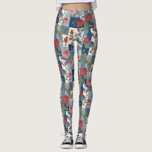 Rosen Floral Blue Jean Denim Patchwork Retro Leggings