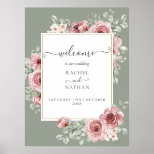Rosen Floral Salbei Grün Hochzeits-Willkommensschi Poster