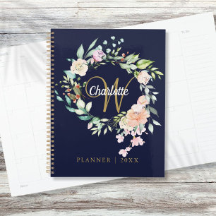 Rosen Florale Schrift Monogramm Navy Blau Gold Planer