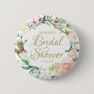 Rosen Florales Gold Schrift Hochzeit Braut Dusche Button