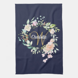 Rosen Florales Gold Schrift Monogramm Navy Blau Geschirrtuch