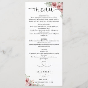 Rosen Florales Herz Schrift Hochzeitsdinner Menükarte