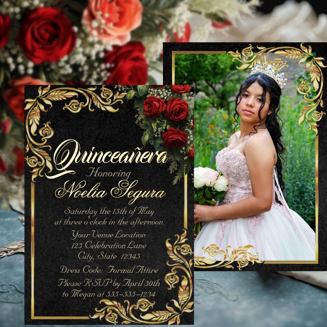 Rosen, Foto & Goldrahmen - Schwarze Quinceanera Folieneinladung (Von Creator hochgeladen)