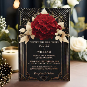 Rosen-Garten-Diamant-Rot-Schwarz-und-Gold-Hochzeit Folieneinladung