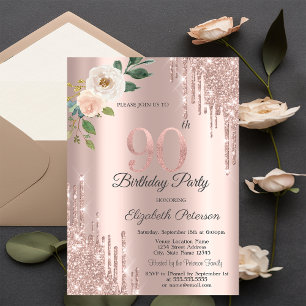 Rosen Glitter Tröpfchen Rosen Gold 90. Geburtstag Einladung