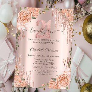 Rosen Glitter Tropfen Rosen Gold 21. Geburtstag Einladung