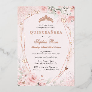 Rosen Gold Blues Rosa Schmetterling Quinceanera Folieneinladung