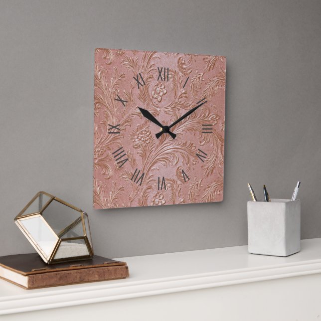 Rosen-Gold-Blumenmuster Quadratische Wanduhr (Büro)