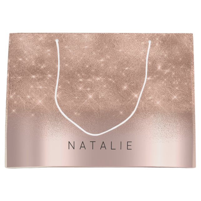 Rosen Gold Blush Glitzer Weißer Name Spark Große Geschenktüte (Vorderseite)