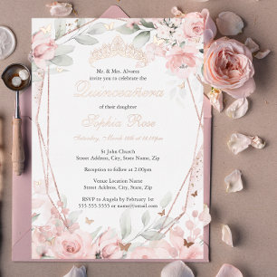 Rosen Gold Blush Pink Bläschen Schmetterling Quinc Folieneinladung