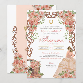 Rosen Gold Charra Western Style Floral Quinceñera Einladung
