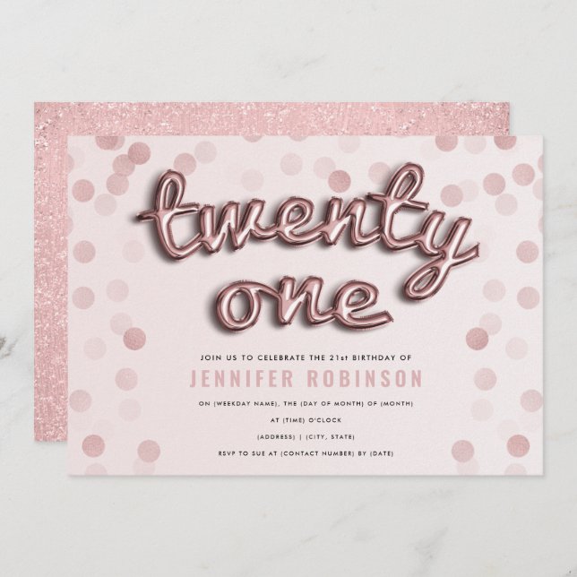 Rosen-Gold erröten rosa Glitzer-21. Geburtstag Einladung (Vorne/Hinten)