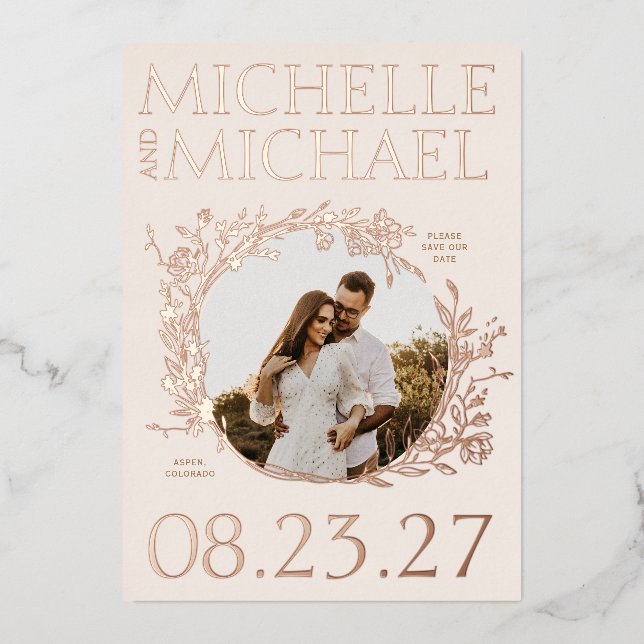 Rosen Gold Floral Border Foto Save the Date Karte (Vorderseite)