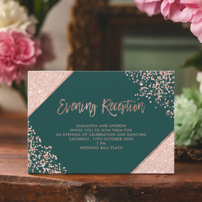 Rosen Gold Glitzer Green Script Abend Empfang Begleitkarte (Rose gold glitter green script evening reception enclosure card)