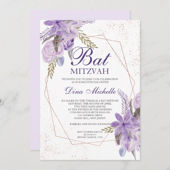 Rosen gold lila Blumenfarbe Bat Mitzvah Einladung (Vorne/Hinten)