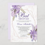 Rosen gold lila Blumenfarbe Bat Mitzvah Einladung<br><div class="desc">Rose goldener geometrischer Rahmen und Glitzer Konfetti Typografie Bat Mitzvah mit handgemalten grünen Aquarellblättern Zweige ,  lila Lavendel-Blume,  ideal für Frühling und Sommer .</div>