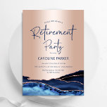 Rosen Gold Navy Blue Agate Retirement Party Einladung<br><div class="desc">Navy und Rose Gold erhöhen die Party Einladung des Ruhestands. Elegantes modernes Design mit königsblauen Aquarellfarben,  marmorgeode Hintergrund,  Imitate Glitzer Rose Gold und Typografie Drehbuch Schriftart. Trendy Einladungskarte perfekt für eine stilvolle Frauenfeier. Gedruckte Zazzle Einladungen oder Sofortdownload digitalen druckbaren Vorlage.</div>