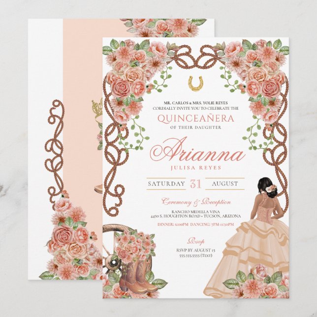 Rosen Gold Peach Pink Western Charro Quinceañera Einladung (Vorne/Hinten)