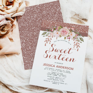Rosen Gold Pink Glitzer 16 . Geburtstag Einladung
