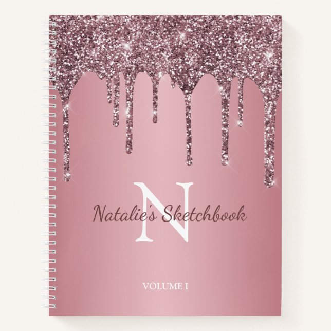 Rosen Gold Pink Glitzer Tropfen Monogram Sketchboo Notizbuch (Vorderseite)
