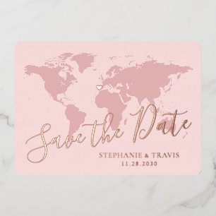 Rosen Gold Pink Weltkarte Save the Date Folieneinladung