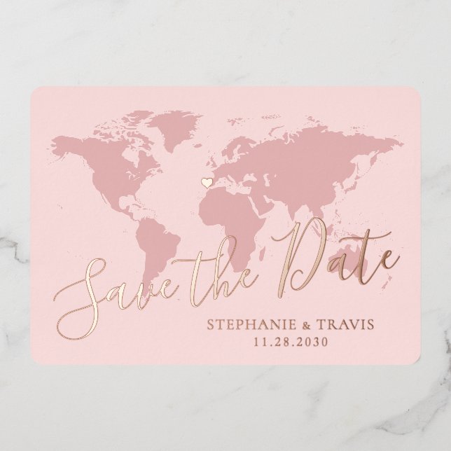 Rosen Gold Pink Weltkarte Save the Date Folieneinladung (Vorderseite)