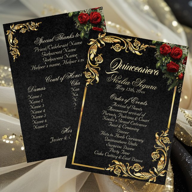 Rosen & Goldene Blätter - Schwarzes Quinceanera-Pr Programm (Von Creator hochgeladen)