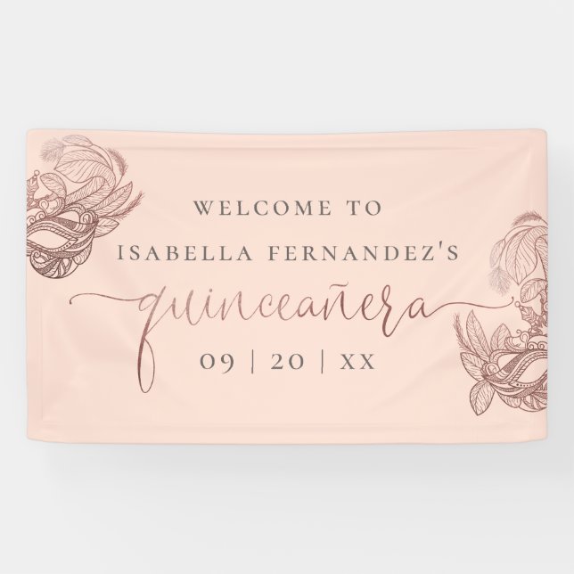 Rosen-Goldfolien-Maskerade Quinceañera Willkommen Banner (Horizontal)