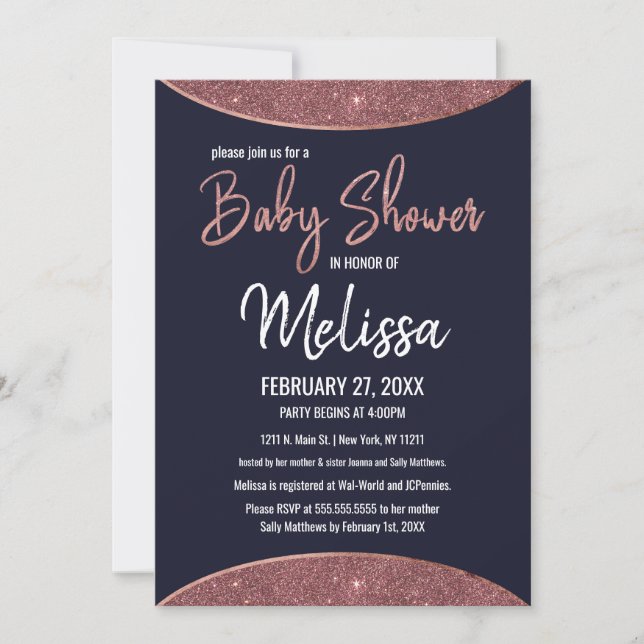 Rosen-GoldGlitzer-Marine-Blau-Kreisbaby-Dusche Einladung (Vorderseite)