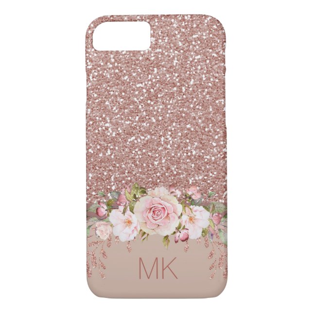 Rosen-GoldGlitzer mit Blumen mit Monogramm Case-Mate iPhone Hülle (Rückseite)