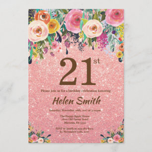 Rosen-GoldGlitzer-Rosa-Blumen21. Geburtstag Einladung