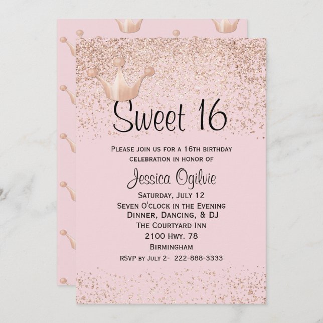 Rosen-Goldkronen-Rosa-Bonbon 16 Einladung (Vorne/Hinten)