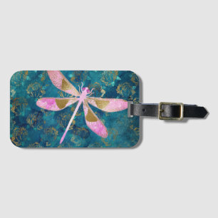 Rosen-Goldlibelle auf Türkis-Blumenhintergrund Gepäckanhänger