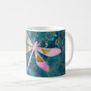Rosen-Goldlibelle auf Türkis-Blumenhintergrund Kaffeetasse
