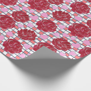 Rosen, Herzen auf Karomuster Geschenkpapier