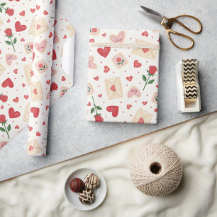 Rosen-Herzen- und Liebesbriefe-Wrap-Papierrolle Geschenkpapier