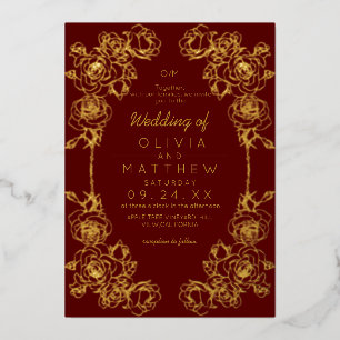 Rosen Hochzeit Rot Gold Klassische Florale Hochzei Folieneinladung